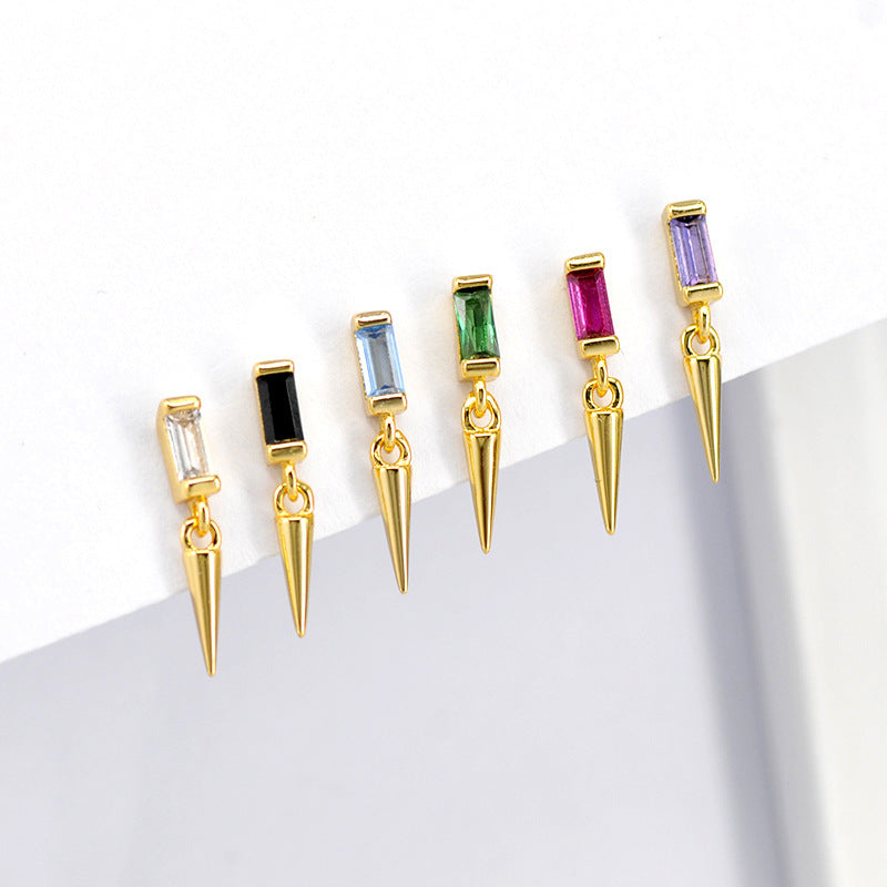 Sterling Silver Needle Conical Geometric Color Zircon Stud Earrings