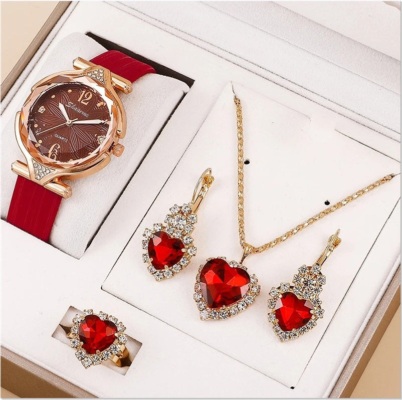 6pcs Set Ladies New Belt Quartz Watch Diamond Jewelry Suit