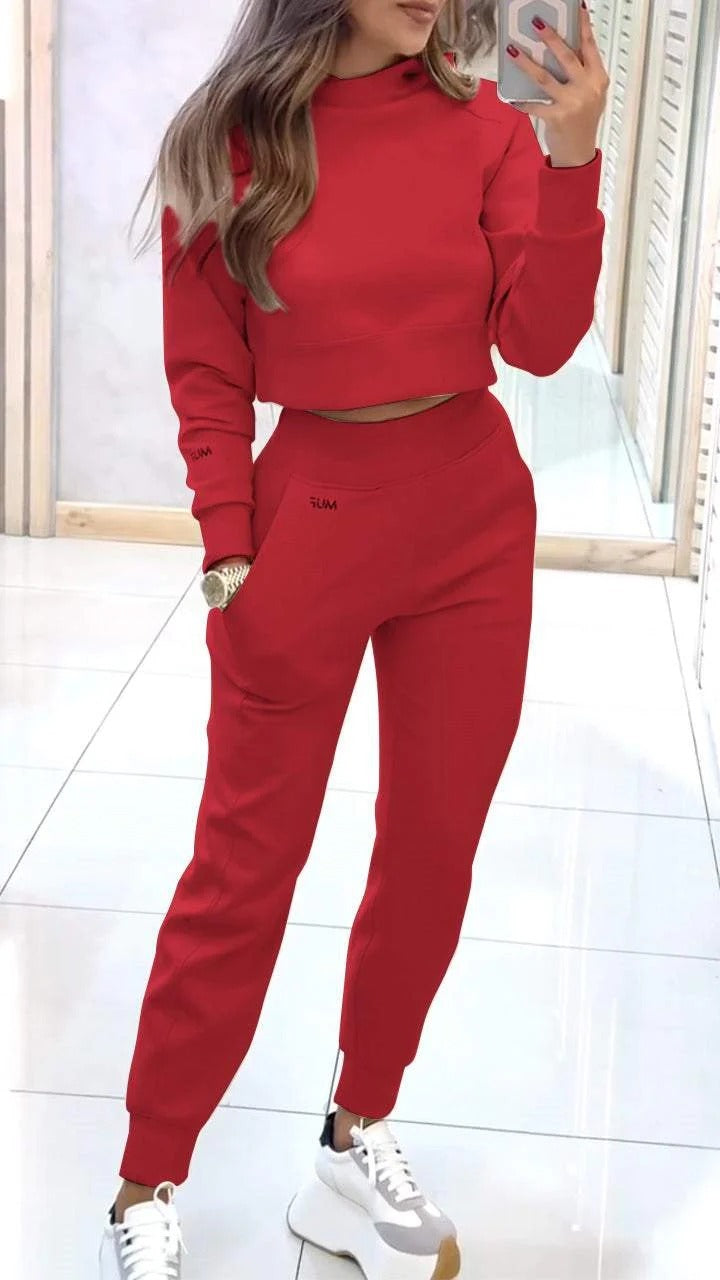 Sporty Elegance: Stand Collar Pullover & Slim Fit Trousers Set Women's Clothing