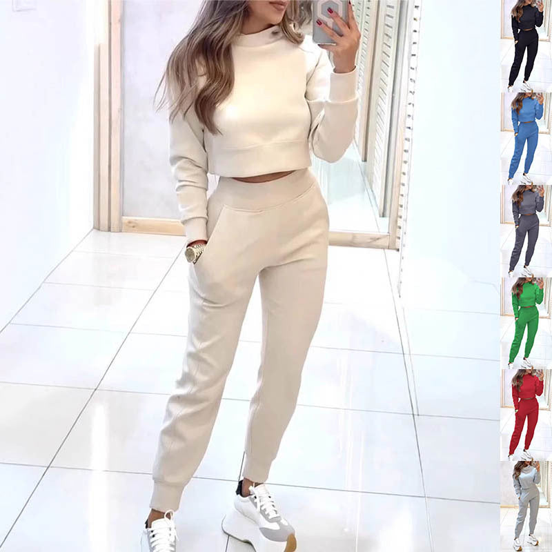 Sporty Elegance: Stand Collar Pullover & Slim Fit Trousers Set Women's Clothing