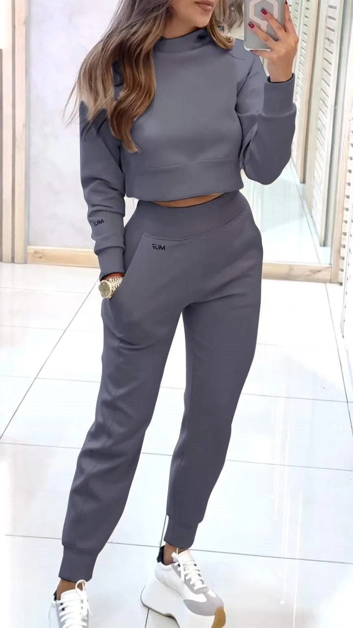 Sporty Elegance: Stand Collar Pullover & Slim Fit Trousers Set Women's Clothing