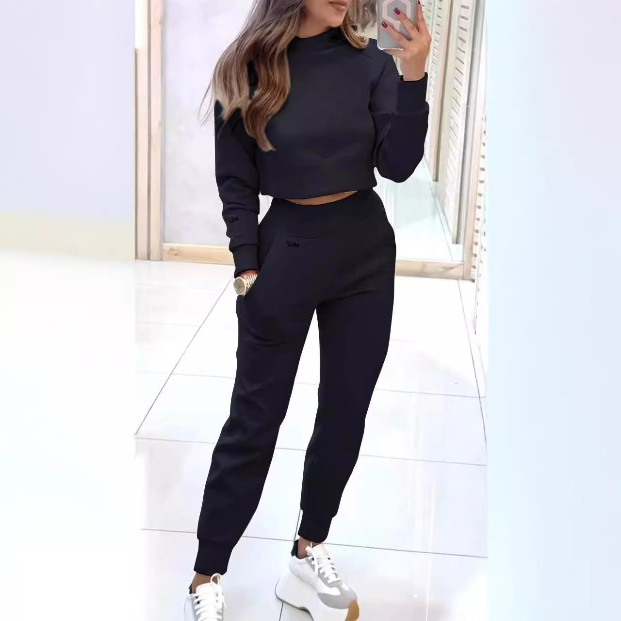 Sporty Elegance: Stand Collar Pullover & Slim Fit Trousers Set Women's Clothing