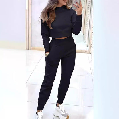 Sporty Elegance: Stand Collar Pullover & Slim Fit Trousers Set Women's Clothing