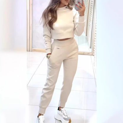 Sporty Elegance: Stand Collar Pullover & Slim Fit Trousers Set Women's Clothing