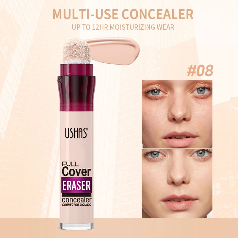 USHAS 12 Color Liquid Concealer Moisturizing Rotating Sponge Head Concealer Long Lasting Lightweight Multi-use Foundation Makeup