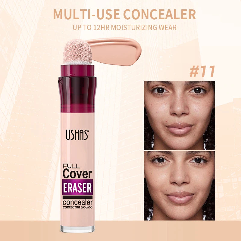 USHAS 12 Color Liquid Concealer Moisturizing Rotating Sponge Head Concealer Long Lasting Lightweight Multi-use Foundation Makeup