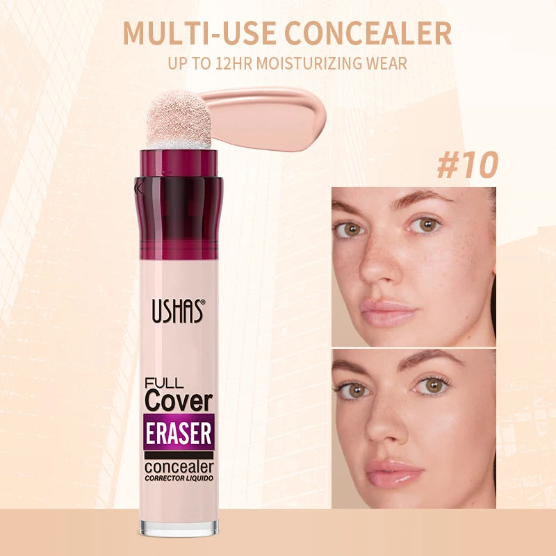 USHAS 12 Color Liquid Concealer Moisturizing Rotating Sponge Head Concealer Long Lasting Lightweight Multi-use Foundation Makeup