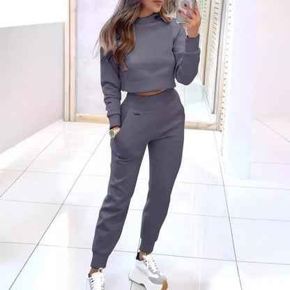 Sporty Elegance: Stand Collar Pullover & Slim Fit Trousers Set Women's Clothing